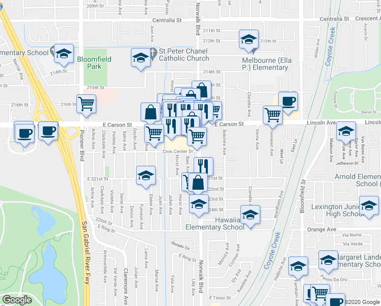 map of restaurants, bars, coffee shops, grocery stores, and more near 21902 Ibex Avenue in Hawaiian Gardens