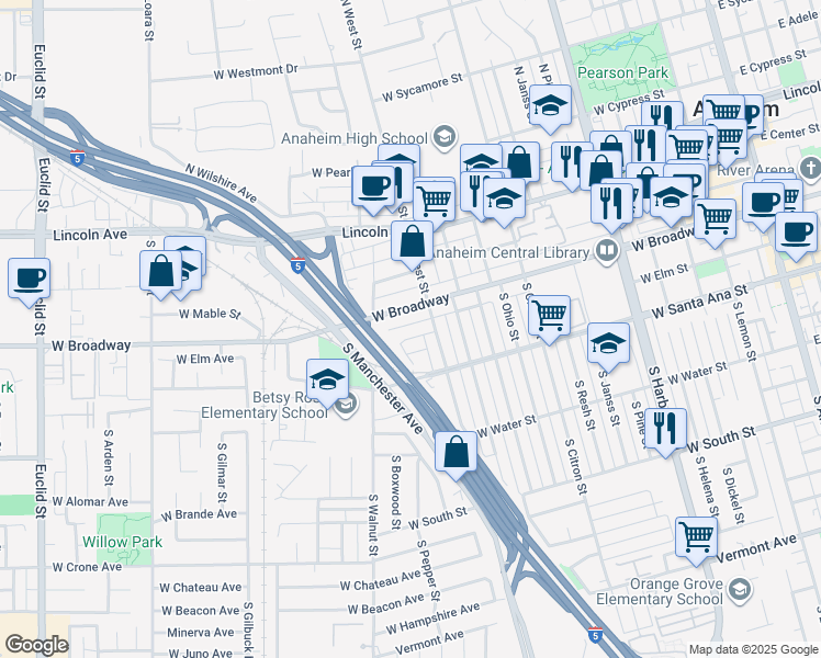 map of restaurants, bars, coffee shops, grocery stores, and more near 1121 West Fay Lane in Anaheim