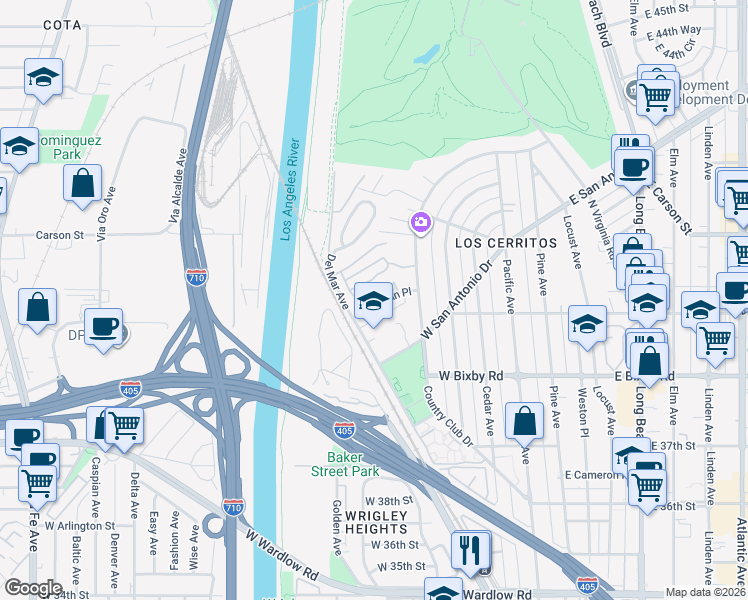 map of restaurants, bars, coffee shops, grocery stores, and more near 641 Terrylynn Place in Long Beach
