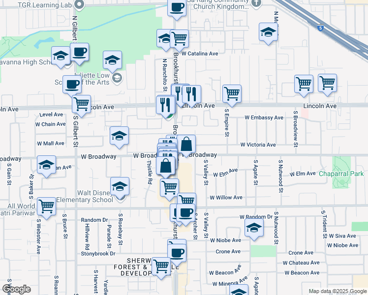 map of restaurants, bars, coffee shops, grocery stores, and more near 2182 West Victoria Avenue in Anaheim