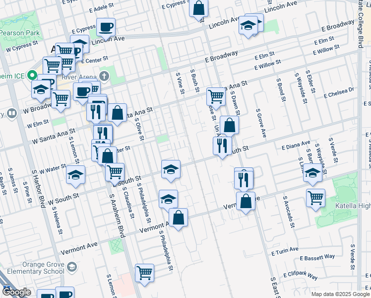 map of restaurants, bars, coffee shops, grocery stores, and more near 762 East Valencia Street in Anaheim