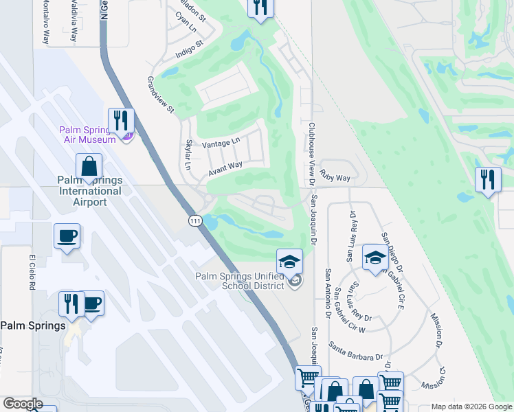map of restaurants, bars, coffee shops, grocery stores, and more near 4499 Esplanade Lane in Palm Springs