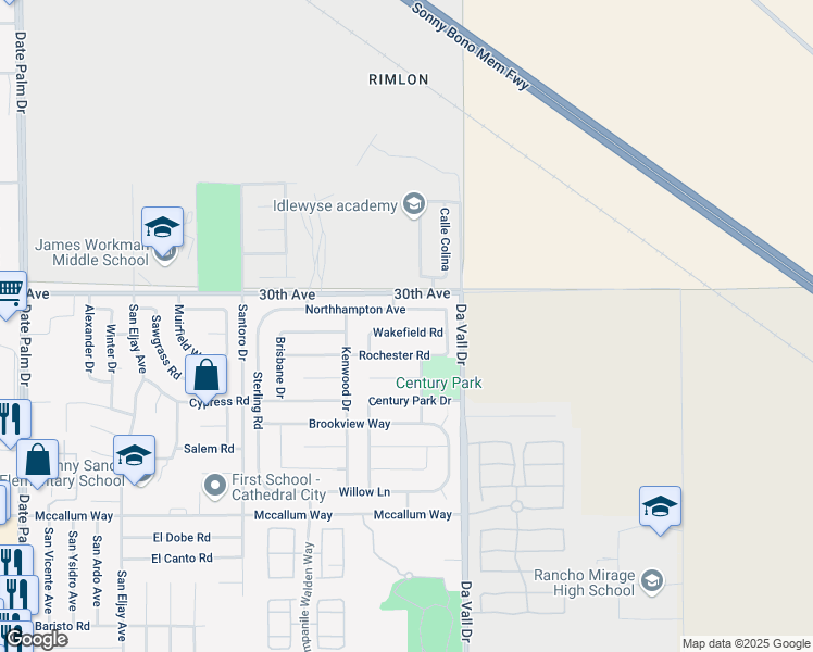 map of restaurants, bars, coffee shops, grocery stores, and more near 69822 Wakefield Road in Cathedral City