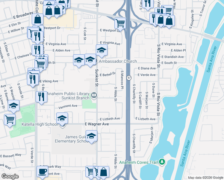 map of restaurants, bars, coffee shops, grocery stores, and more near 2533 East Hilda Place in Anaheim
