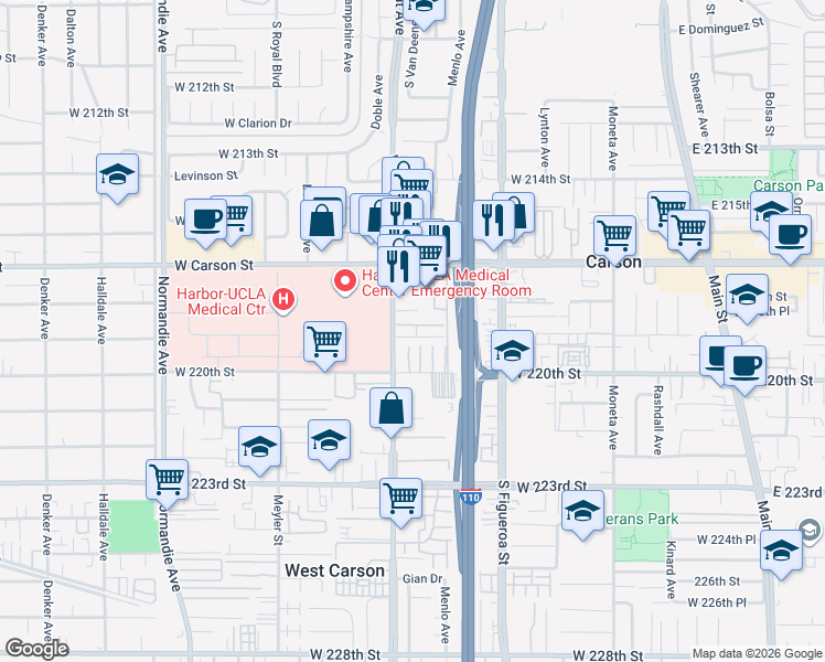 map of restaurants, bars, coffee shops, grocery stores, and more near 21858 Vermont Avenue in Torrance