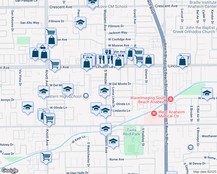 map of restaurants, bars, coffee shops, grocery stores, and more near 206 South Western Avenue in Anaheim