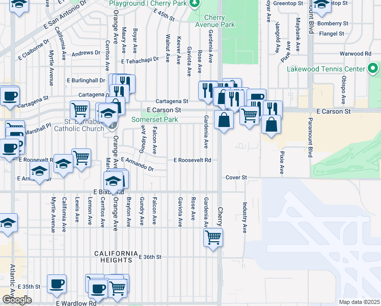 map of restaurants, bars, coffee shops, grocery stores, and more near 3911 Rose Avenue in Long Beach