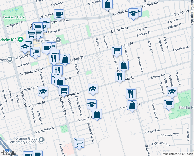 map of restaurants, bars, coffee shops, grocery stores, and more near 762 East Valencia Street in Anaheim
