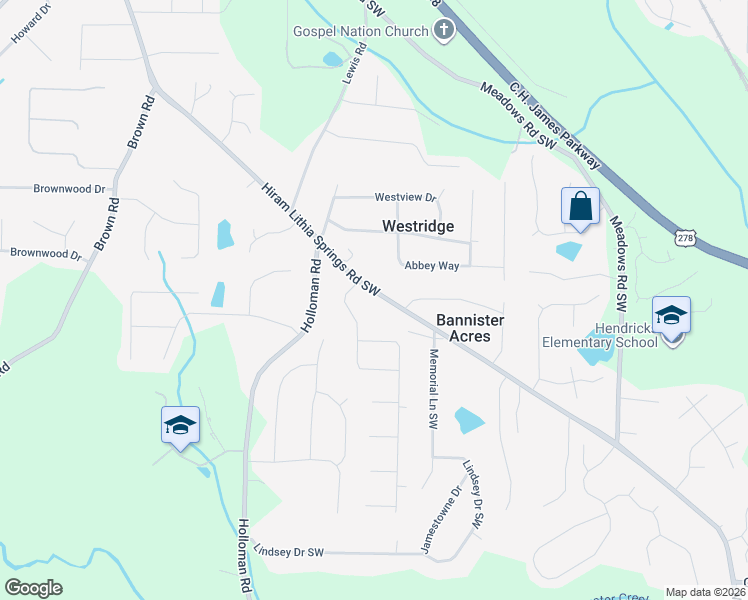 map of restaurants, bars, coffee shops, grocery stores, and more near 5130 Hiram Lithia Springs Road Southwest in Powder Springs