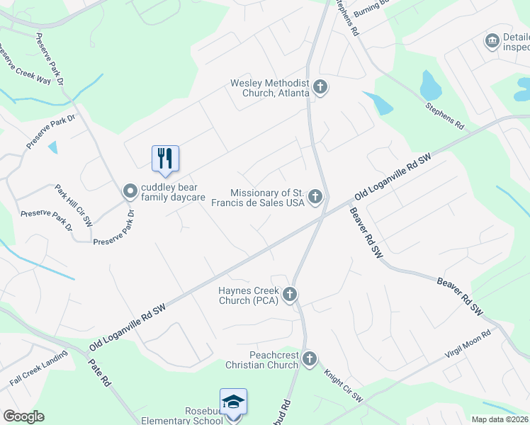 map of restaurants, bars, coffee shops, grocery stores, and more near 1652 Walters Park Court in Loganville