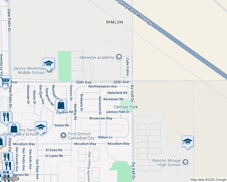 map of restaurants, bars, coffee shops, grocery stores, and more near 69822 Wakefield Road in Cathedral City