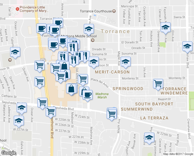 map of restaurants, bars, coffee shops, grocery stores, and more near 3345 Plaza Del Amo in Torrance