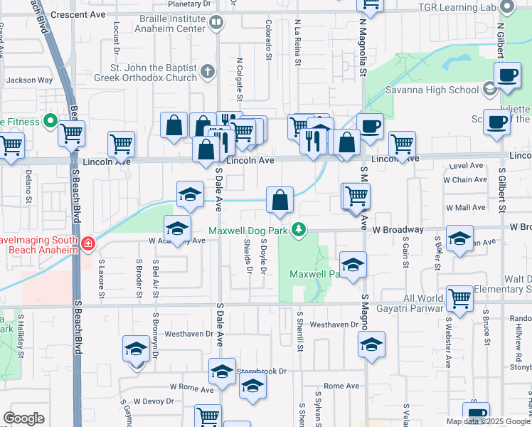 map of restaurants, bars, coffee shops, grocery stores, and more near 217 South Renoak Street in Anaheim