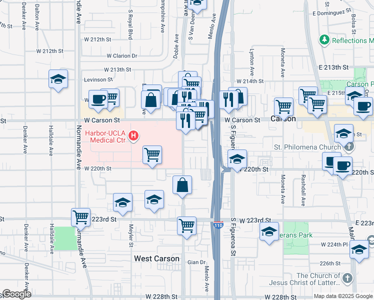 map of restaurants, bars, coffee shops, grocery stores, and more near 21858 South Vermont Avenue in Torrance