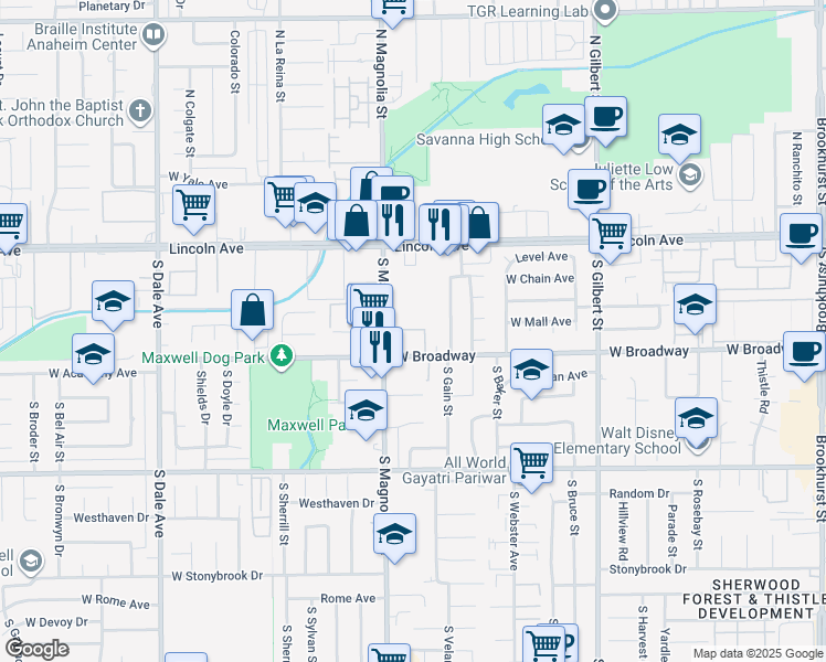 map of restaurants, bars, coffee shops, grocery stores, and more near 221 South Aron Place in Anaheim
