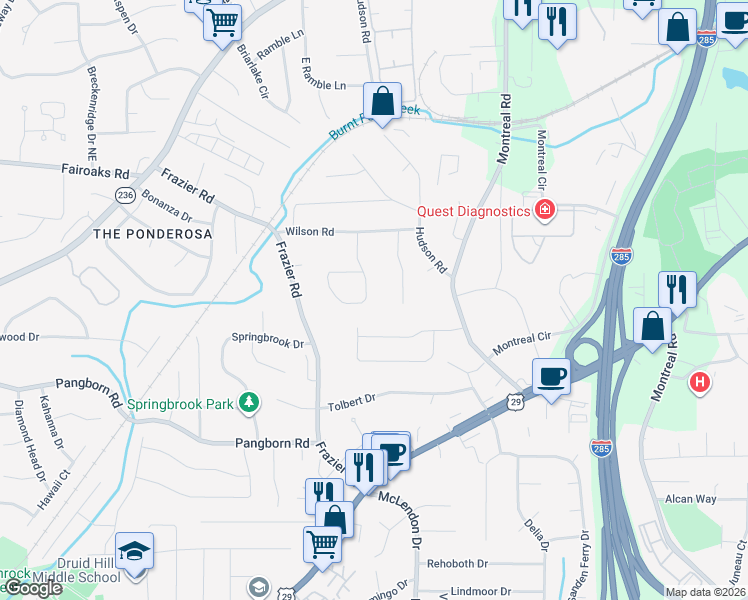 map of restaurants, bars, coffee shops, grocery stores, and more near 1627 Moncrief Circle in Decatur