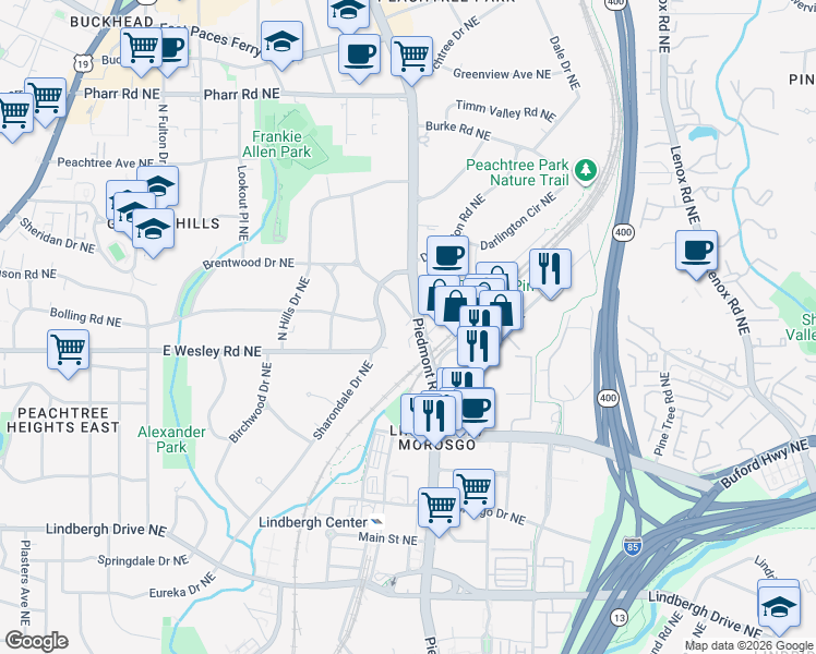 map of restaurants, bars, coffee shops, grocery stores, and more near in Atlanta