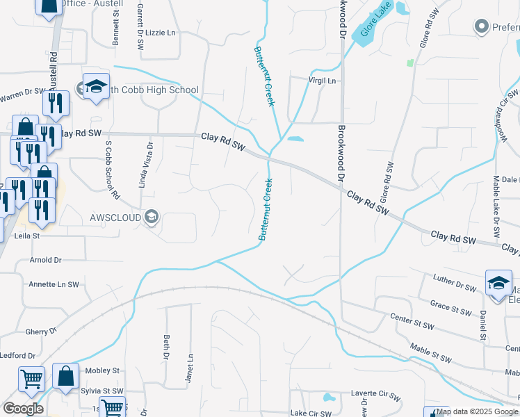 map of restaurants, bars, coffee shops, grocery stores, and more near 5111 Huntcrest Drive Southwest in Mableton
