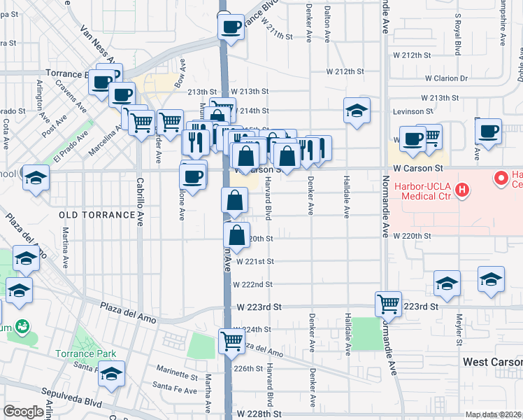 map of restaurants, bars, coffee shops, grocery stores, and more near 1607 West 219th Street in Torrance