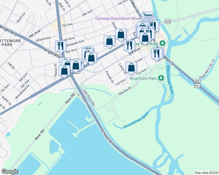 map of restaurants, bars, coffee shops, grocery stores, and more near 1508 1st Avenue in Conway