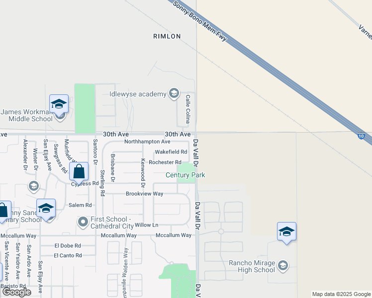 map of restaurants, bars, coffee shops, grocery stores, and more near 69948 Wakefield Road in Cathedral City