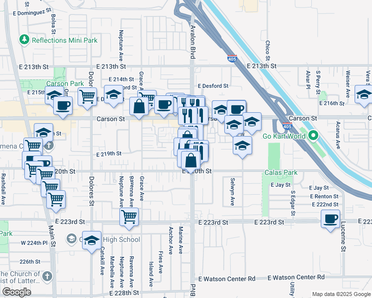 map of restaurants, bars, coffee shops, grocery stores, and more near 21827 South Avalon Boulevard in Carson