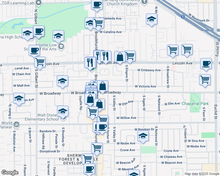 map of restaurants, bars, coffee shops, grocery stores, and more near 248 South Archer Street in Anaheim