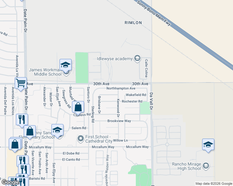 map of restaurants, bars, coffee shops, grocery stores, and more near 30152 Kenwood Drive in Cathedral City