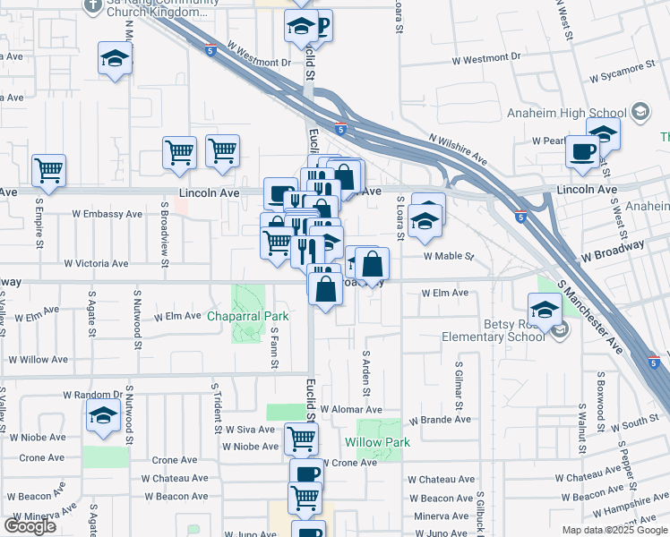 map of restaurants, bars, coffee shops, grocery stores, and more near 1673 West Broadway in Anaheim