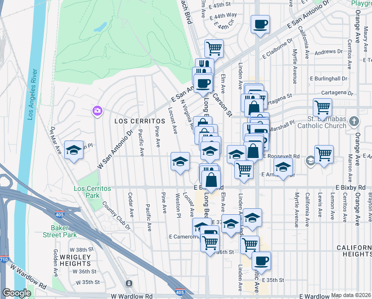 map of restaurants, bars, coffee shops, grocery stores, and more near 3920 Locust Avenue in Long Beach