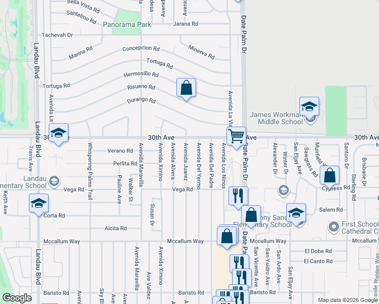 map of restaurants, bars, coffee shops, grocery stores, and more near 30126 Avenida Juarez in Cathedral City