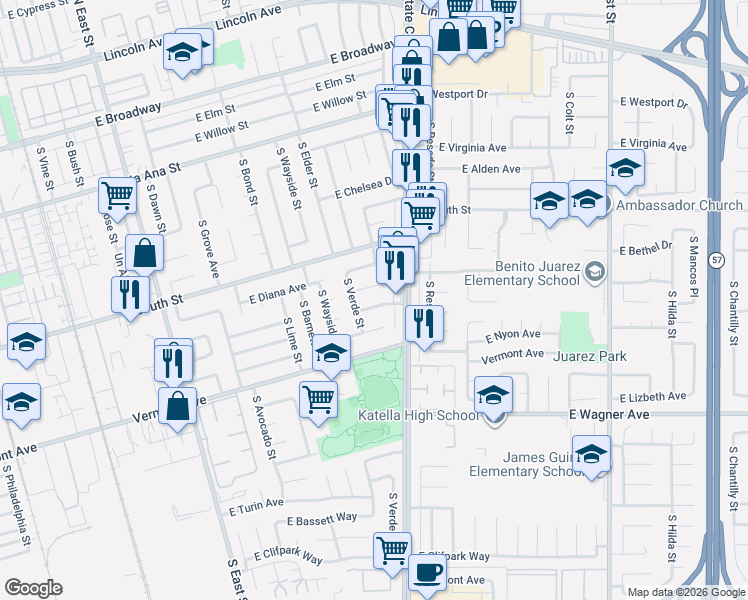 map of restaurants, bars, coffee shops, grocery stores, and more near 1817 East Morava Avenue in Anaheim