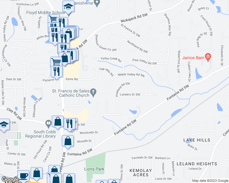 map of restaurants, bars, coffee shops, grocery stores, and more near 490 Landers Drive Southwest in Mableton