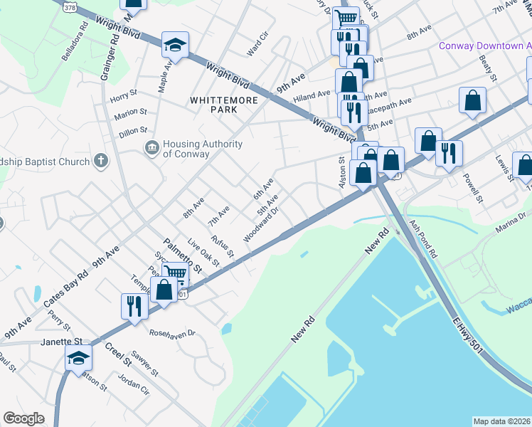 map of restaurants, bars, coffee shops, grocery stores, and more near 2100 Woodward Drive in Conway