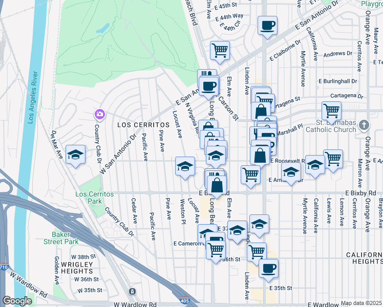 map of restaurants, bars, coffee shops, grocery stores, and more near 3920 Locust Avenue in Long Beach