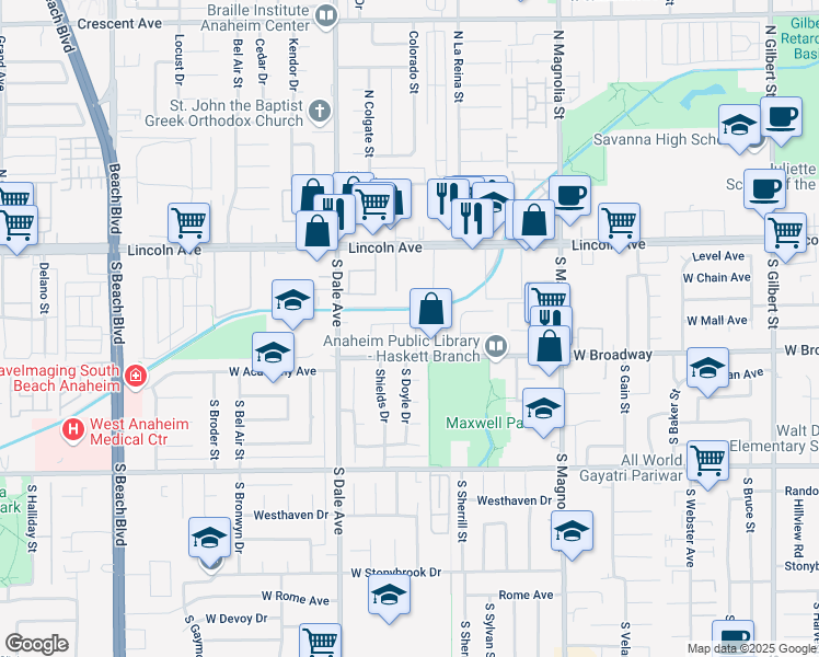 map of restaurants, bars, coffee shops, grocery stores, and more near 217 South Renoak Street in Anaheim
