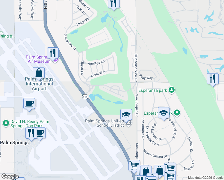 map of restaurants, bars, coffee shops, grocery stores, and more near 4499 Esplanade Lane in Palm Springs