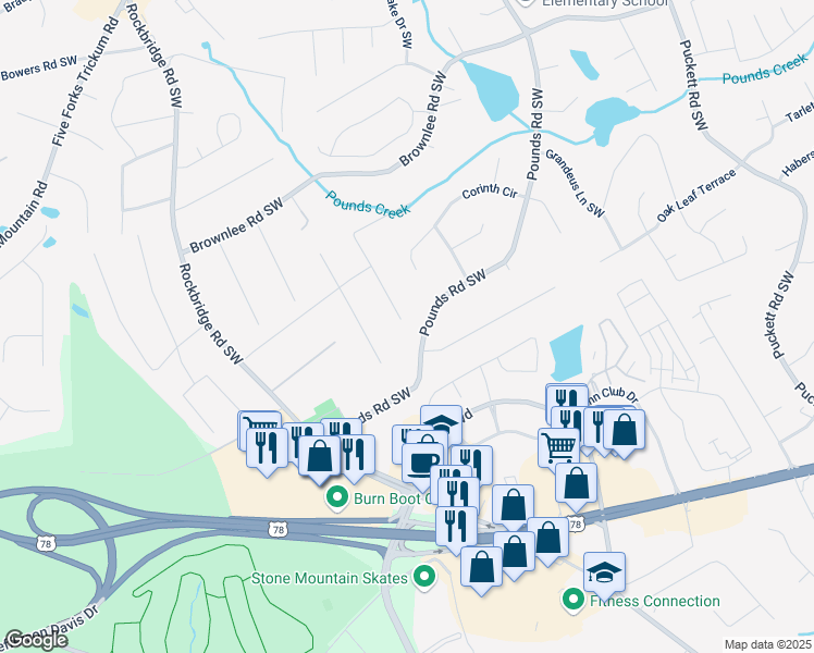 map of restaurants, bars, coffee shops, grocery stores, and more near 1732 Eldonlas Court in Stone Mountain