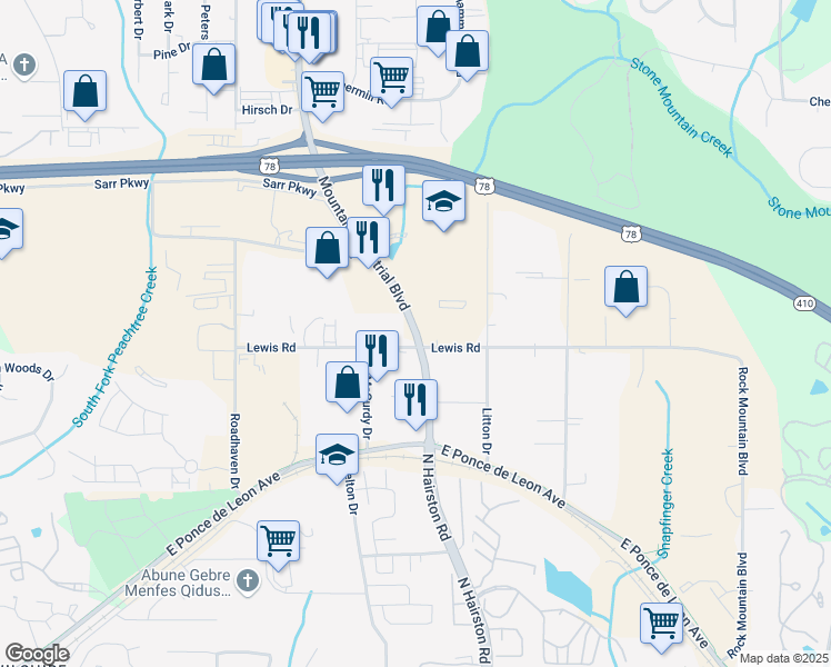 map of restaurants, bars, coffee shops, grocery stores, and more near 1616 Mountain Industrial Boulevard in Stone Mountain