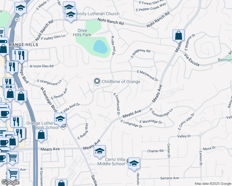 map of restaurants, bars, coffee shops, grocery stores, and more near 3019 East Meadow Grove Road in Orange