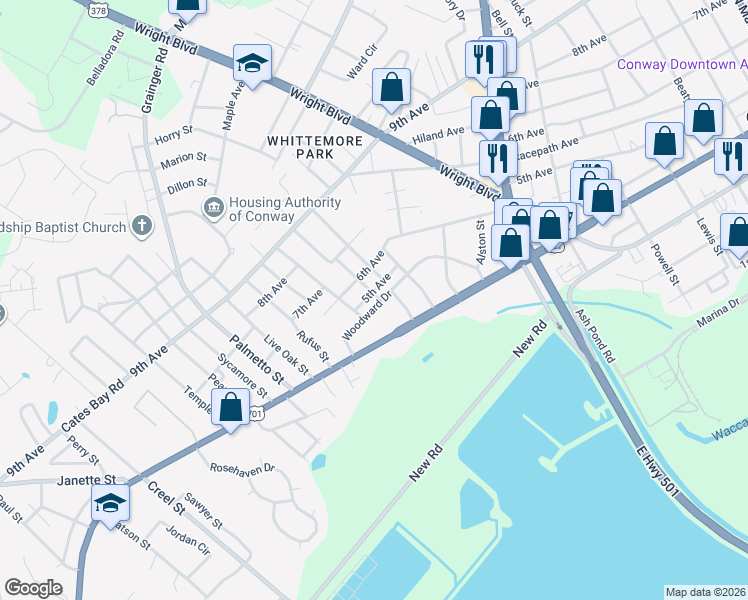 map of restaurants, bars, coffee shops, grocery stores, and more near 2100 Woodward Drive in Conway