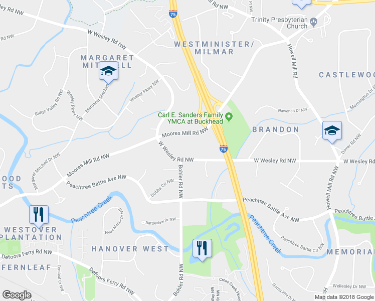 map of restaurants, bars, coffee shops, grocery stores, and more near 1225 West Wesley Road Northwest in Atlanta