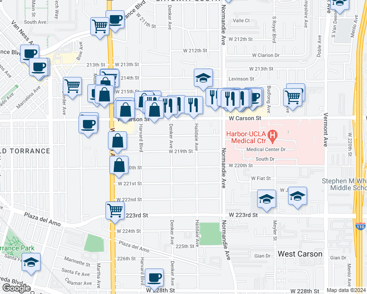 map of restaurants, bars, coffee shops, grocery stores, and more near 1431 West 219th Street in Torrance