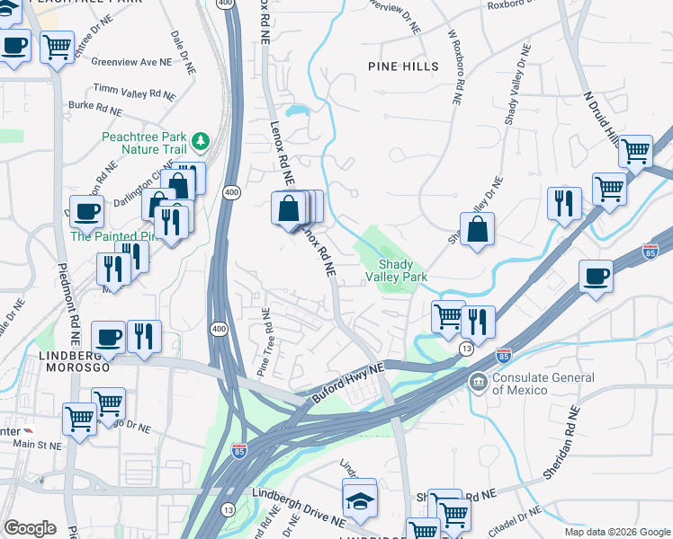 map of restaurants, bars, coffee shops, grocery stores, and more near 906 Lenox Hill Court Northeast in Atlanta