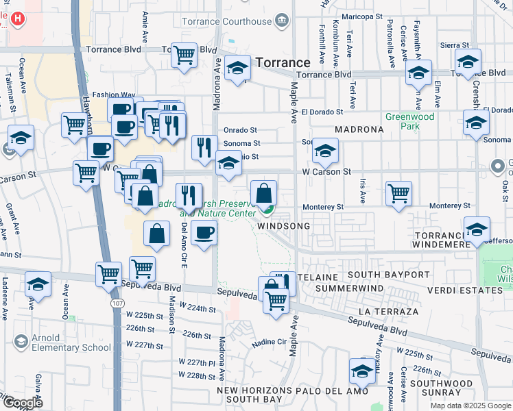 map of restaurants, bars, coffee shops, grocery stores, and more near 23 Monterey Street in Torrance