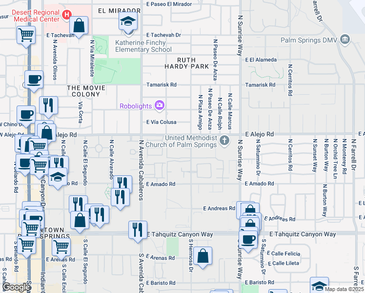 map of restaurants, bars, coffee shops, grocery stores, and more near 459 North Hermosa Drive in Palm Springs