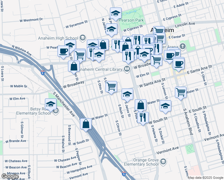 map of restaurants, bars, coffee shops, grocery stores, and more near 707 West Santa Ana Street in Anaheim