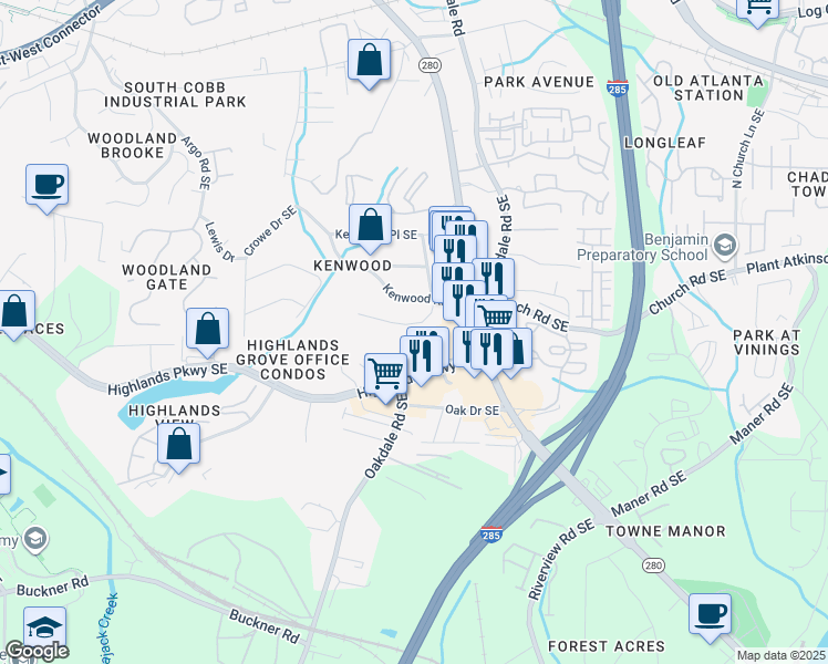 map of restaurants, bars, coffee shops, grocery stores, and more near 5075 Fairmont Road Southeast in Smyrna