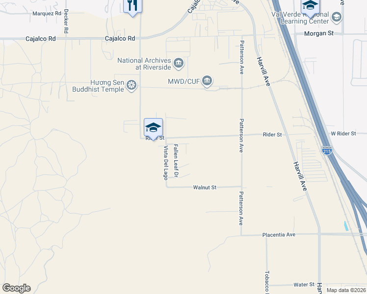 map of restaurants, bars, coffee shops, grocery stores, and more near 23209 Norrisgrove Drive in Perris