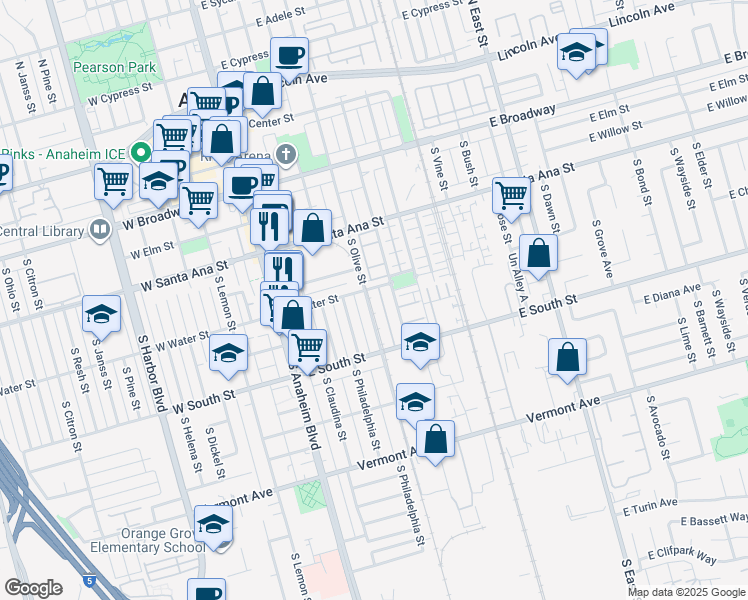 map of restaurants, bars, coffee shops, grocery stores, and more near 616 South Olive Street in Anaheim